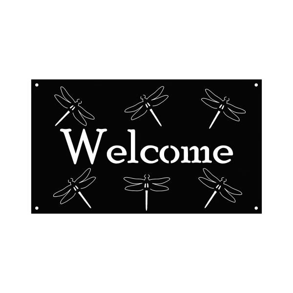 Rectangular steel sign with 'Welcome' in the center, surrounded by six dragonflies. The sign is laser-cut, painted black, with small mounting holes in each corner.